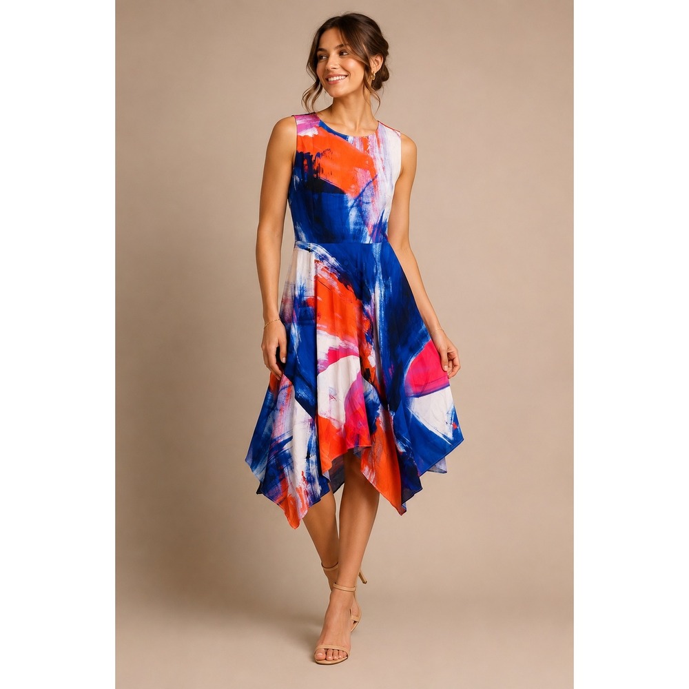 Julia Jordan Handkerchief Hem Dress 6 Blue Orange Abstract Brushstroke Fit Flare